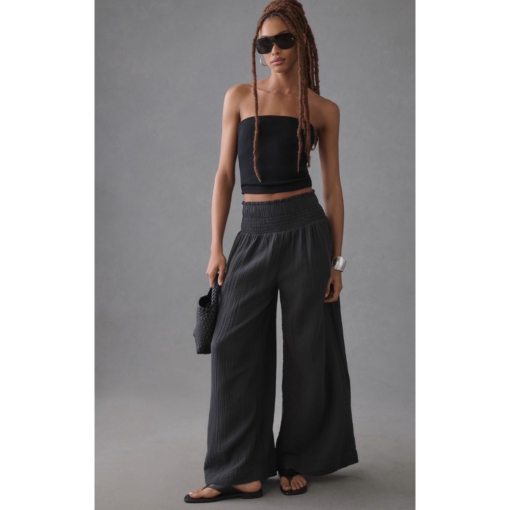 Anthropologie Size XS Relax Fit Smocked Waist Black Gauzy Wide-Leg Boho Pants
